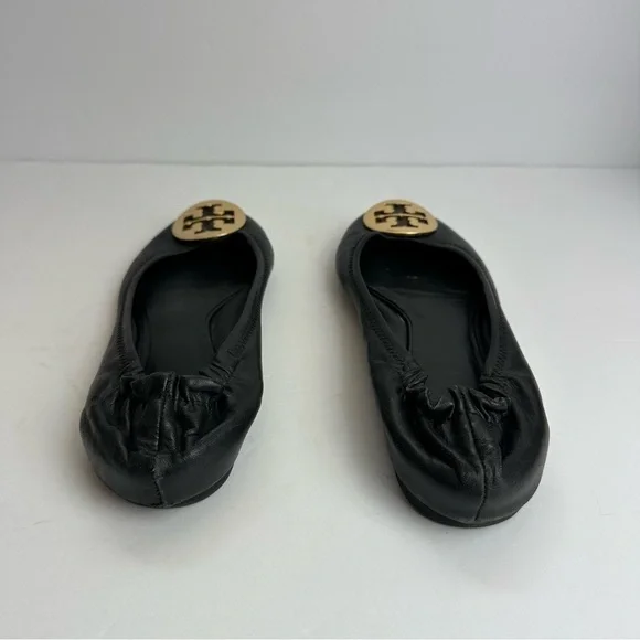 Tory Burch Ballet Flats Black Women's Size 7 Shoes Black Gold Medallion Leather - Picture 3 of 11